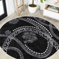 Hawaiian Kakau Art and Hisbiscus Tattoo Round Carpet Tribal Pattern-Silver Style LT03 Black - Polynesian Pride