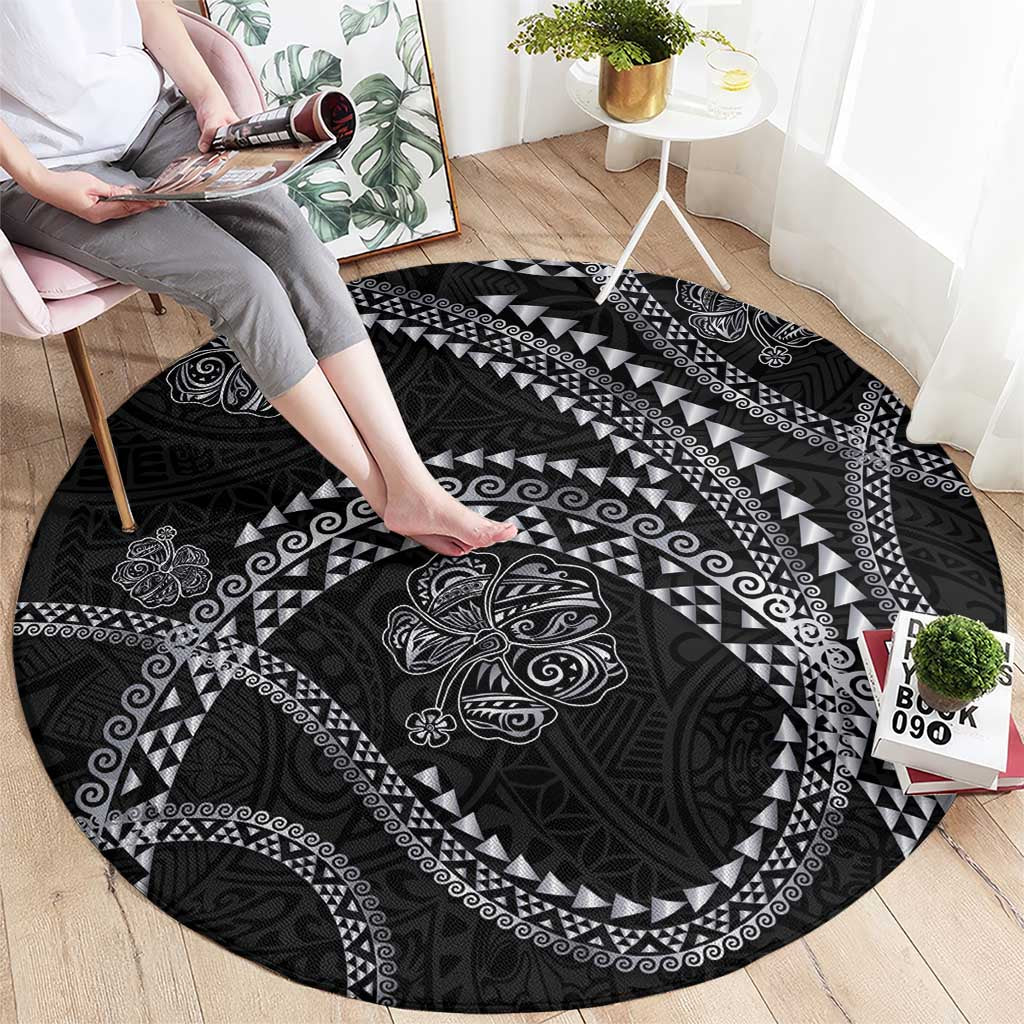 Hawaiian Kakau Art and Hisbiscus Tattoo Round Carpet Tribal Pattern-Silver Style LT03 - Polynesian Pride