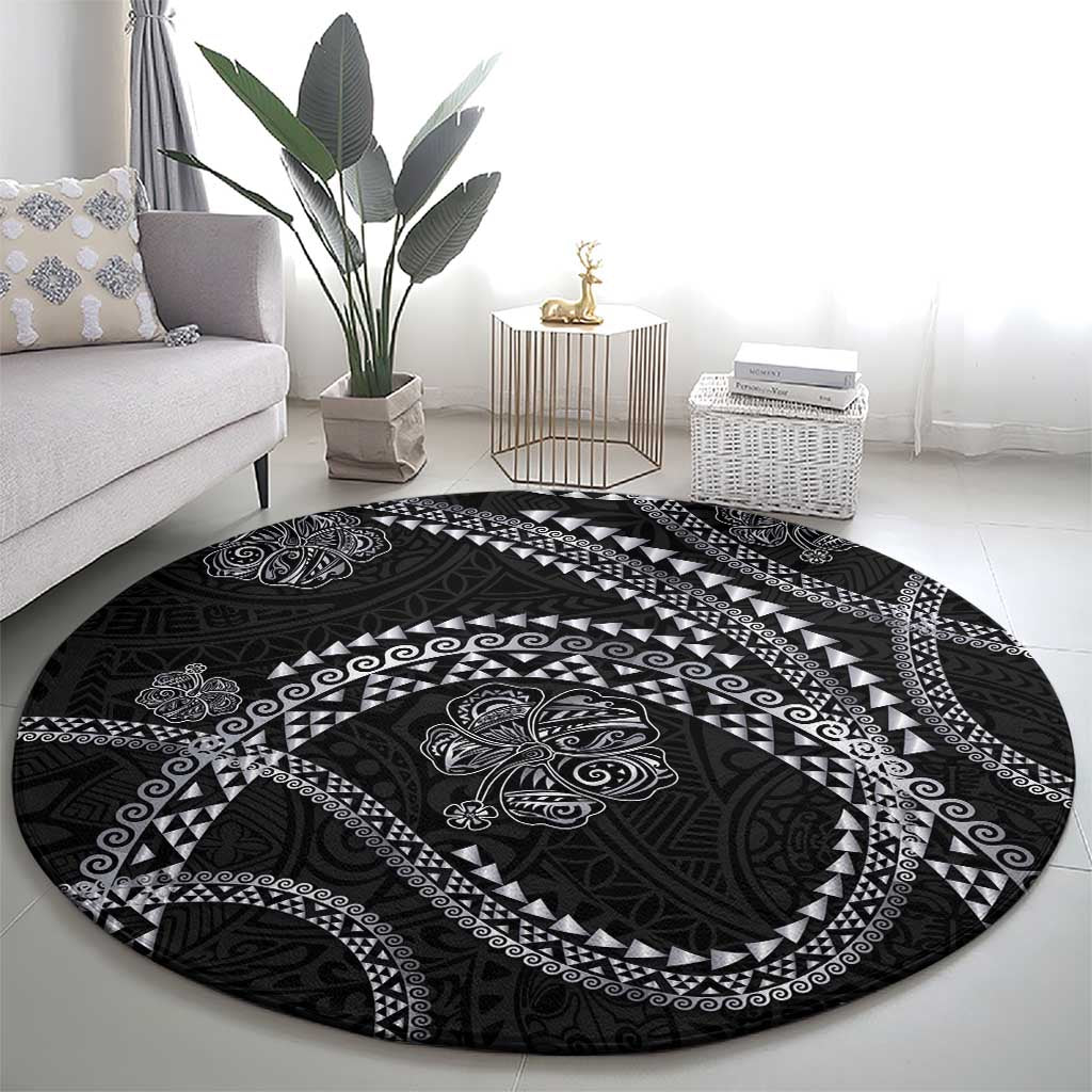 Hawaiian Kakau Art and Hisbiscus Tattoo Round Carpet Tribal Pattern-Silver Style LT03 - Polynesian Pride