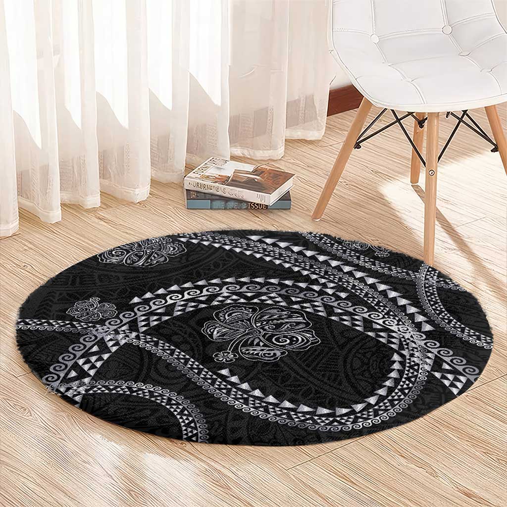 Hawaiian Kakau Art and Hisbiscus Tattoo Round Carpet Tribal Pattern-Silver Style LT03 - Polynesian Pride