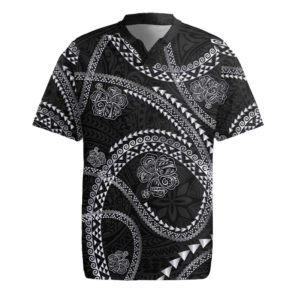 Hawaiian Kakau Art and Hisbiscus Tattoo Rugby Jersey Tribal Pattern-Silver Style LT03 Black - Polynesian Pride