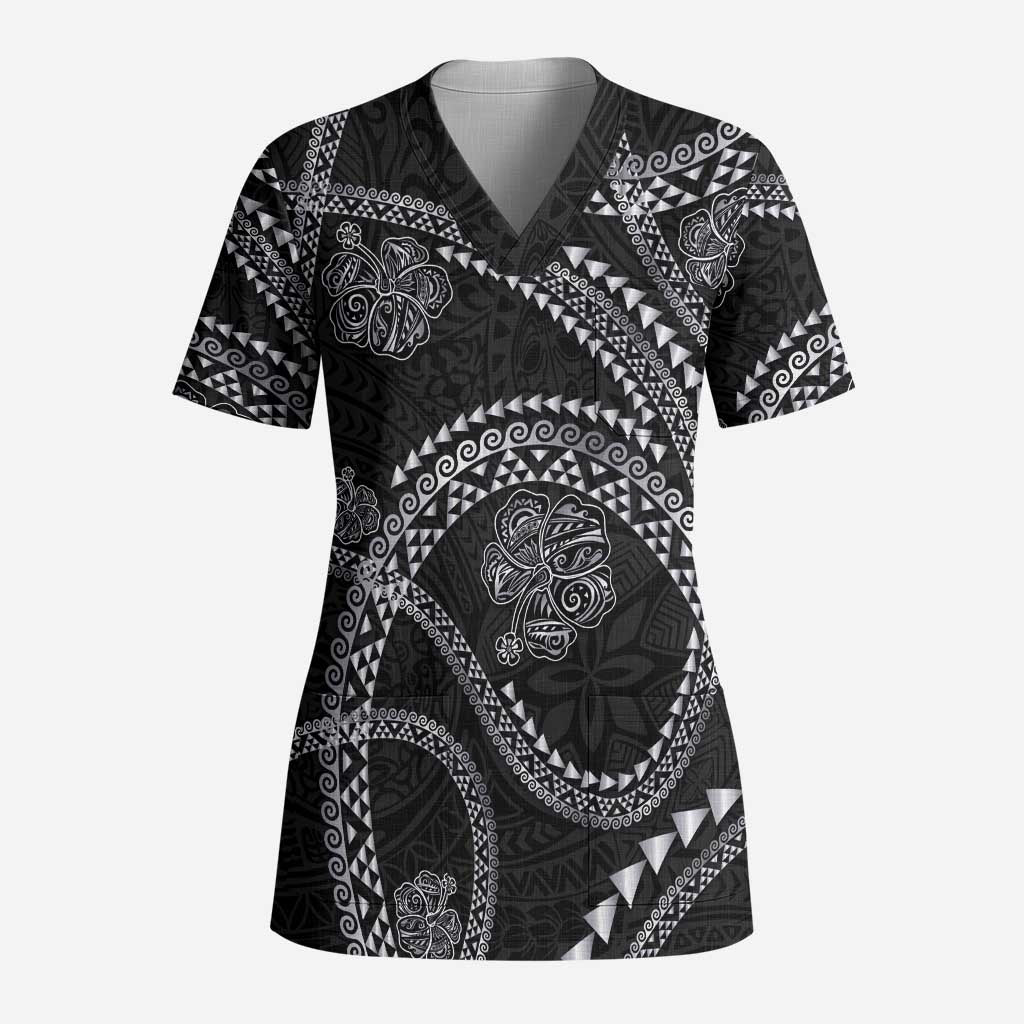 Hawaiian Kakau Art and Hisbiscus Tattoo Scrub Top Tribal Pattern-Silver Style LT03 Adult Black - Polynesian Pride