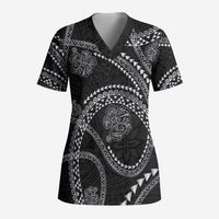 Hawaiian Kakau Art and Hisbiscus Tattoo Scrub Top Tribal Pattern-Silver Style LT03 Adult Black - Polynesian Pride