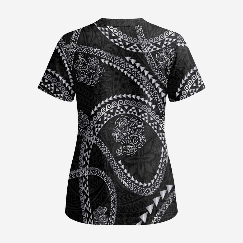Hawaiian Kakau Art and Hisbiscus Tattoo Scrub Top Tribal Pattern-Silver Style LT03 - Polynesian Pride