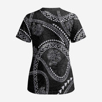 Hawaiian Kakau Art and Hisbiscus Tattoo Scrub Top Tribal Pattern-Silver Style LT03 - Polynesian Pride