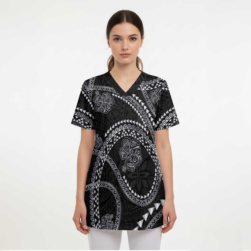 Hawaiian Kakau Art and Hisbiscus Tattoo Scrub Top Tribal Pattern-Silver Style LT03 - Polynesian Pride