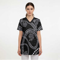 Hawaiian Kakau Art and Hisbiscus Tattoo Scrub Top Tribal Pattern-Silver Style LT03 - Polynesian Pride
