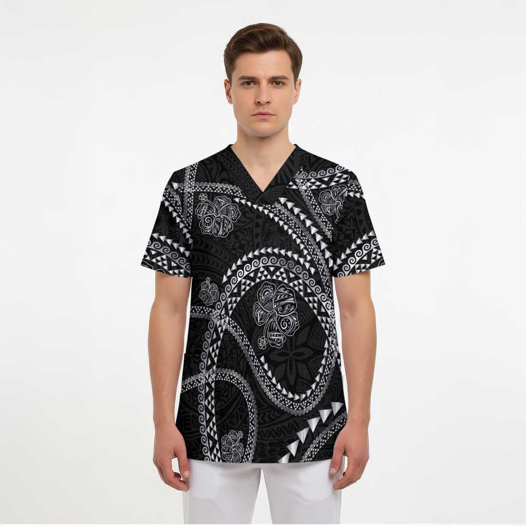 Hawaiian Kakau Art and Hisbiscus Tattoo Scrub Top Tribal Pattern-Silver Style LT03 - Polynesian Pride