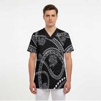 Hawaiian Kakau Art and Hisbiscus Tattoo Scrub Top Tribal Pattern-Silver Style LT03 - Polynesian Pride