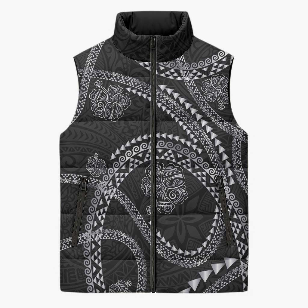 Hawaiian Kakau Art and Hisbiscus Tattoo Sleeveless Puffer Jacket Tribal Pattern-Silver Style LT03 Unisex Black - Polynesian Pride