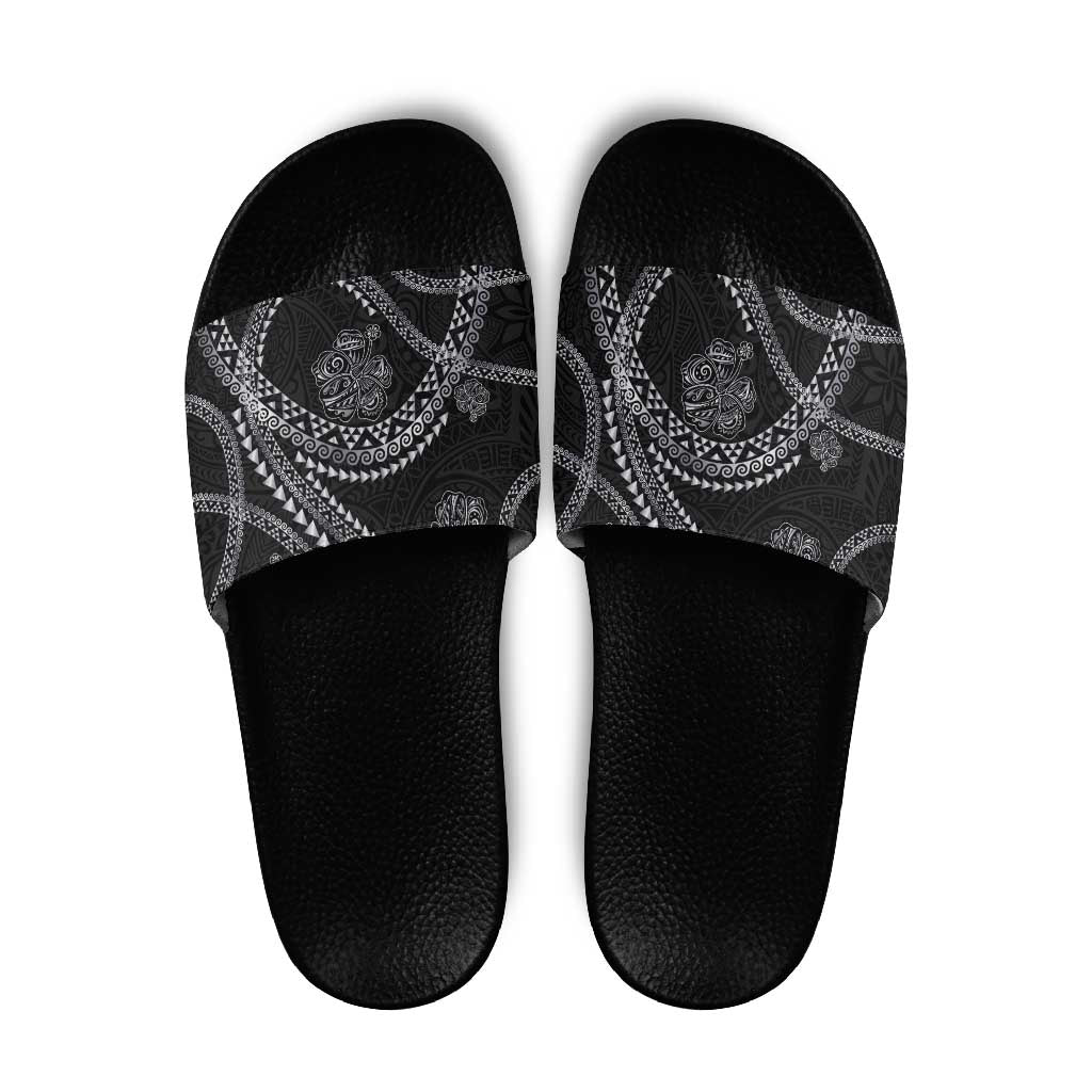 Hawaiian Kakau Art and Hisbiscus Tattoo Slide Sandals Tribal Pattern-Silver Style LT03 Black - Polynesian Pride