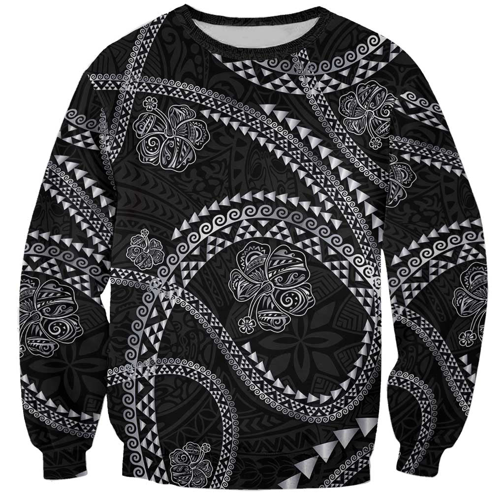 Hawaiian Kakau Art and Hisbiscus Tattoo Sweatshirt Tribal Pattern-Silver Style LT03 Unisex Black - Polynesian Pride