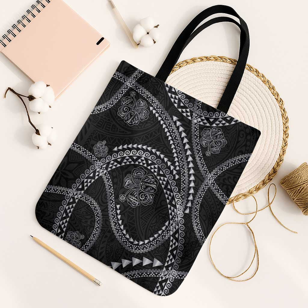Hawaiian Kakau Art and Hisbiscus Tattoo Tote Bag Tribal Pattern-Silver Style LT03 Black Strap One Size Black - Polynesian Pride