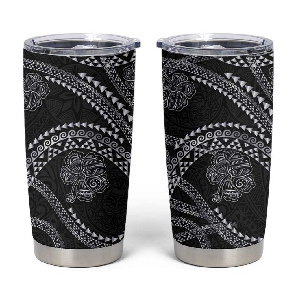 Hawaiian Kakau Art and Hibiscus Tattoo Tumbler Cup Tribal Pattern-Silver Style LT03 Black - Polynesian Pride
