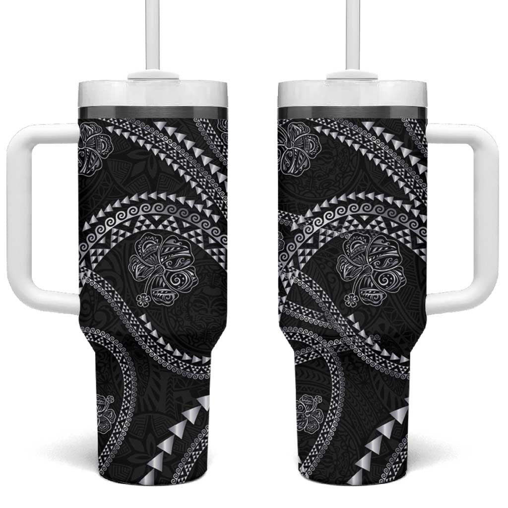 Hawaiian Kakau Art and Hisbiscus Tattoo Tumbler With Handle Tribal Pattern-Silver Style LT03 One Size: 40 oz Black - Polynesian Pride