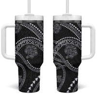 Hawaiian Kakau Art and Hisbiscus Tattoo Tumbler With Handle Tribal Pattern-Silver Style LT03 One Size: 40 oz Black - Polynesian Pride