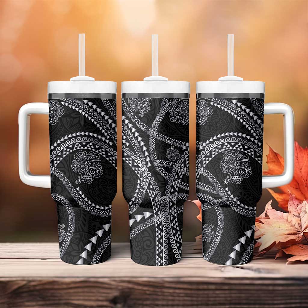 Hawaiian Kakau Art and Hisbiscus Tattoo Tumbler With Handle Tribal Pattern-Silver Style LT03 - Polynesian Pride