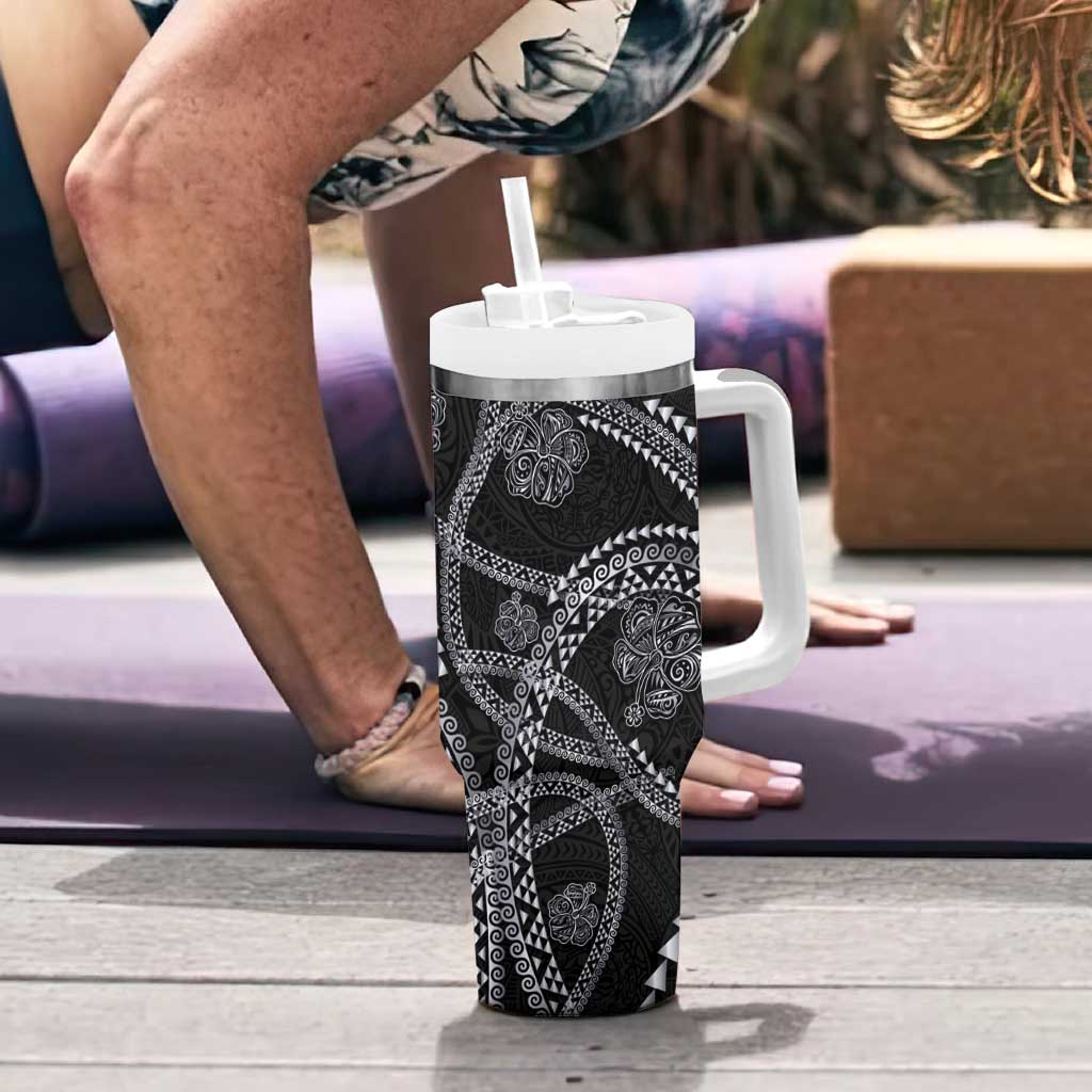Hawaiian Kakau Art and Hisbiscus Tattoo Tumbler With Handle Tribal Pattern-Silver Style LT03 - Polynesian Pride