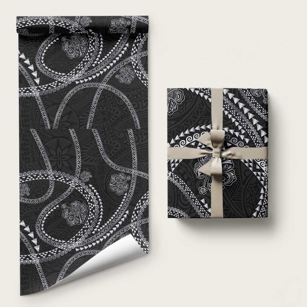 Hawaiian Kakau Art and Hisbiscus Tattoo Wrapping Paper Tribal Pattern-Silver Style LT03 58" × 23" Black - Polynesian Pride