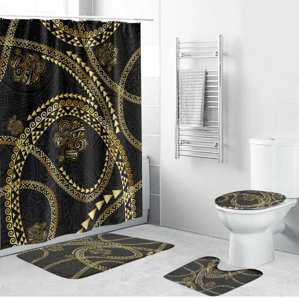 Hawaiian Kakau Art and Hisbiscus Tattoo Bathroom Set Tribal Pattern-Gold Style LT03 Bathroom Set (4 pcs) Black - Polynesian Pride