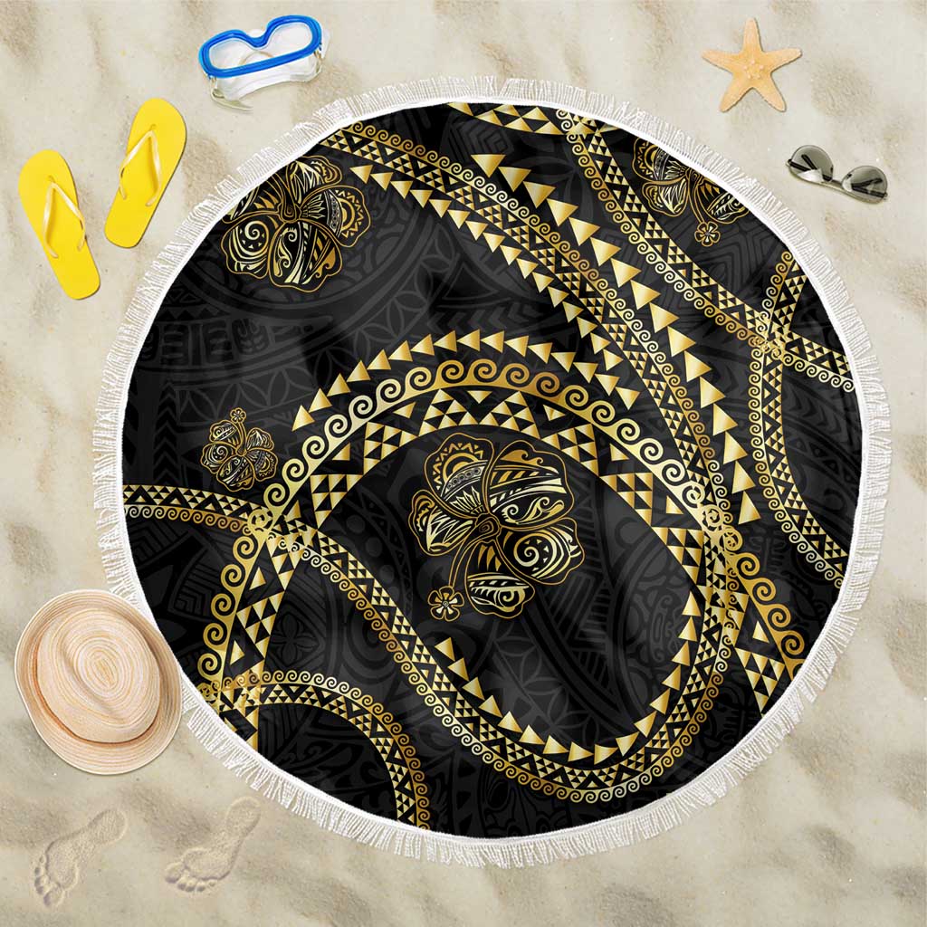 Hawaiian Kakau Art and Hisbiscus Tattoo Beach Blanket Tribal Pattern-Gold Style LT03 One Size 150cm Black - Polynesian Pride