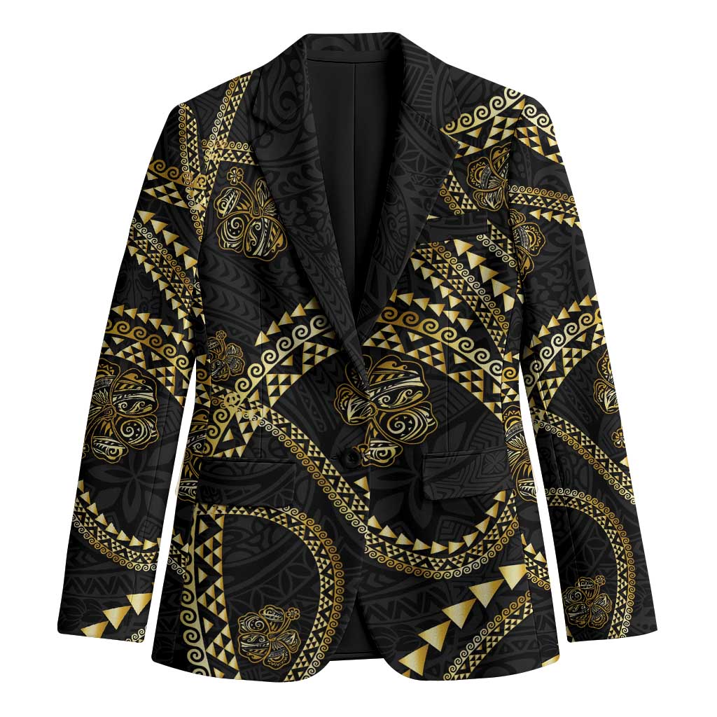 Hawaiian Kakau Art and Hisbiscus Tattoo Blazer Tribal Pattern-Gold Style LT03 Unisex Black - Polynesian Pride