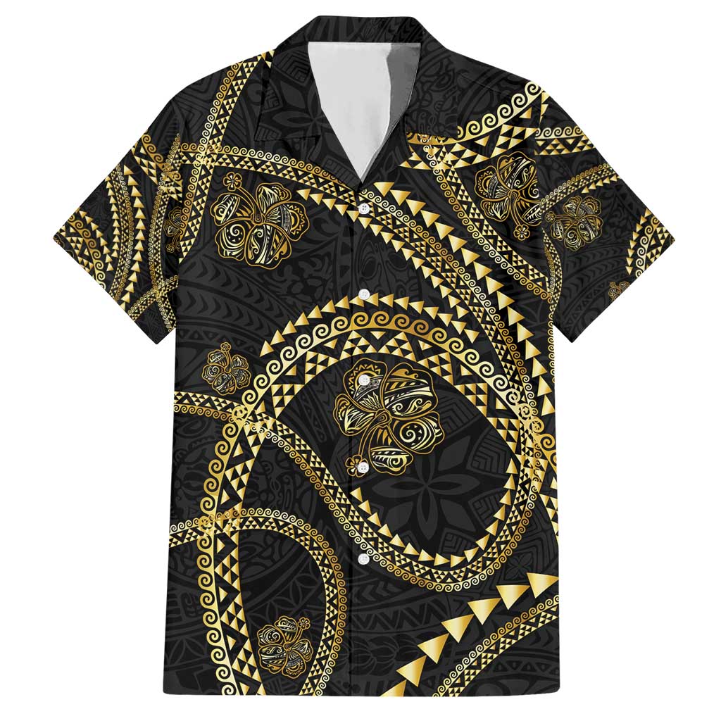 Hawaiian Kakau Art and Hisbiscus Tattoo Hawaiian Shirt Tribal Pattern-Gold Style LT03 Black - Polynesian Pride