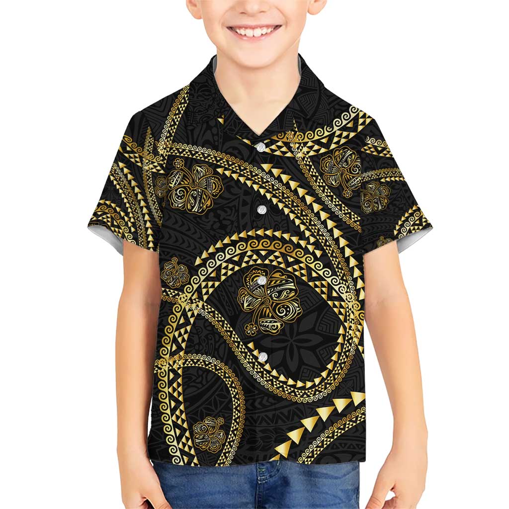 Hawaiian Kakau Art and Hibiscus Tattoo Kid Hawaiian Shirt Tribal Pattern-Gold Style LT03 Kid Black - Polynesian Pride