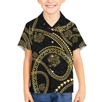 Hawaiian Kakau Art and Hibiscus Tattoo Kid Hawaiian Shirt Tribal Pattern-Gold Style LT03 Kid Black - Polynesian Pride