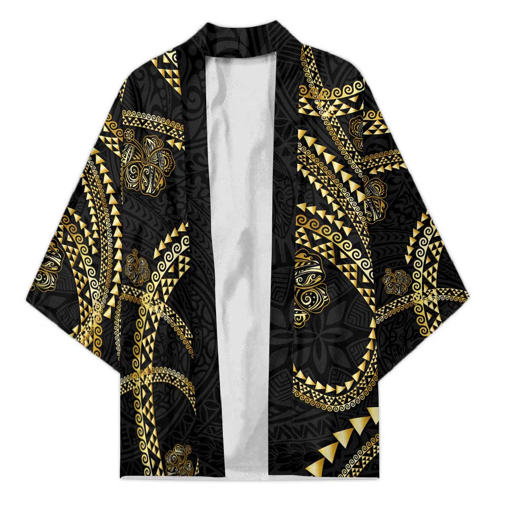 Hawaiian Kakau Art and Hisbiscus Tattoo Kimono Tribal Pattern-Gold Style LT03 Unisex Black - Polynesian Pride