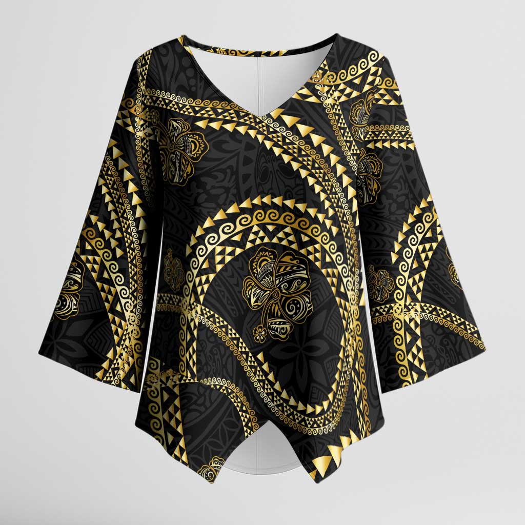 Hawaiian Kakau Art and Hibiscus Tattoo Kimono Sleeve Blouse Tribal Pattern-Gold Style LT03 Female Black - Polynesian Pride