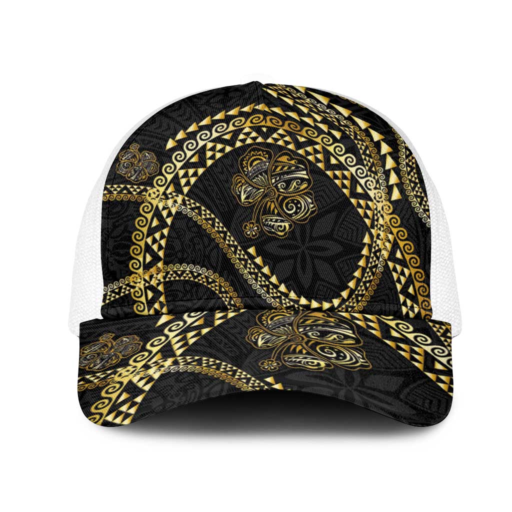 Hawaiian Kakau Art and Hisbiscus Tattoo Mesh Trucker Cap Tribal Pattern-Gold Style LT03 One Size White Black - Polynesian Pride