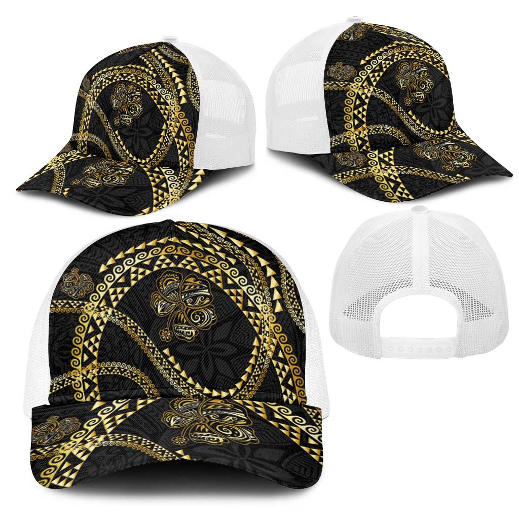 Hawaiian Kakau Art and Hisbiscus Tattoo Mesh Trucker Cap Tribal Pattern-Gold Style LT03 - Polynesian Pride