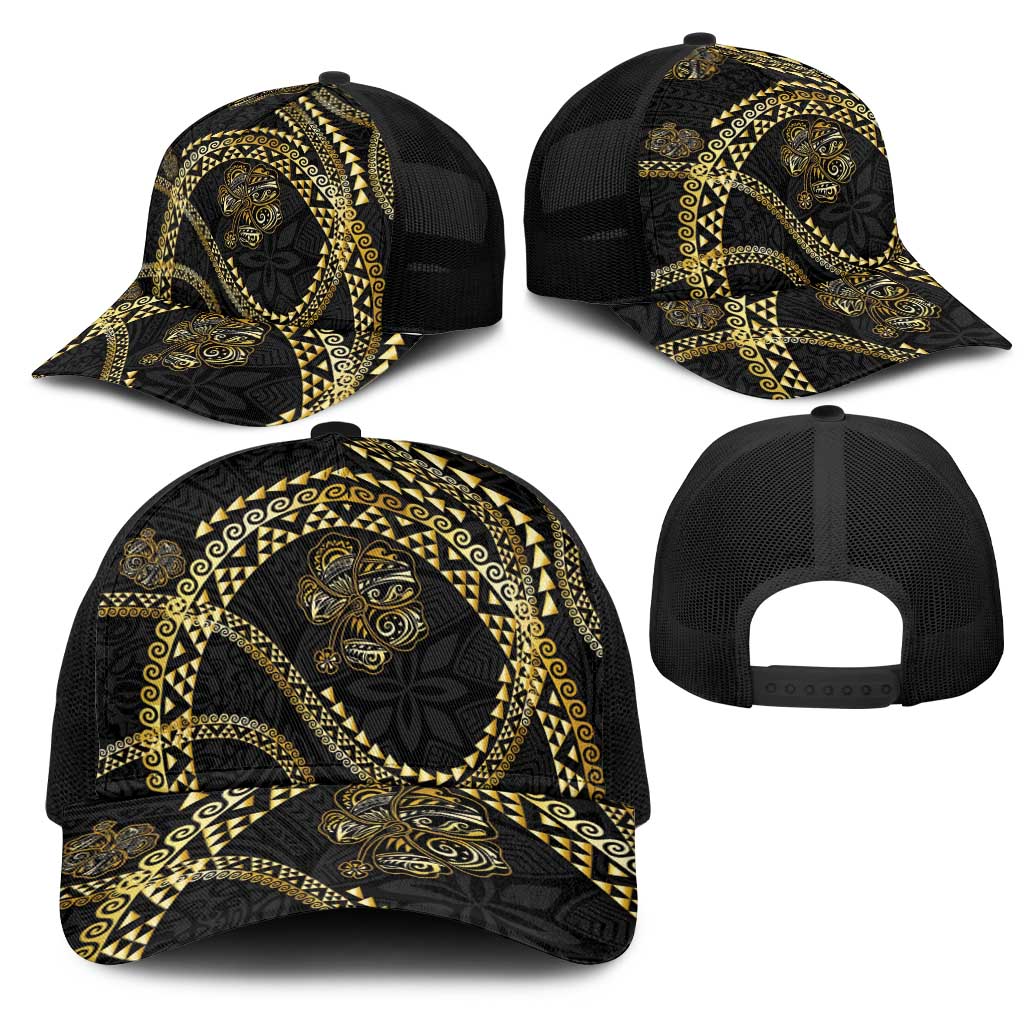 Hawaiian Kakau Art and Hisbiscus Tattoo Mesh Trucker Cap Tribal Pattern-Gold Style LT03 - Polynesian Pride