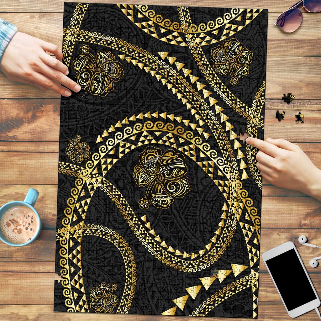 Hawaiian Kakau Art and Hisbiscus Tattoo Puzzle Tribal Pattern-Gold Style LT03 Black - Polynesian Pride