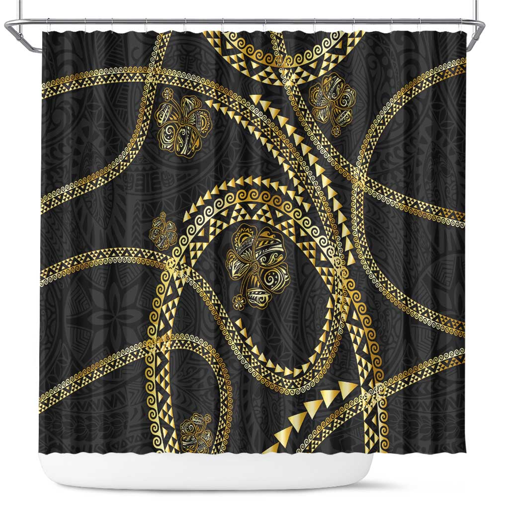 Hawaiian Kakau Art and Hibiscus Tattoo Shower Curtain Tribal Pattern-Gold Style LT03 Black - Polynesian Pride