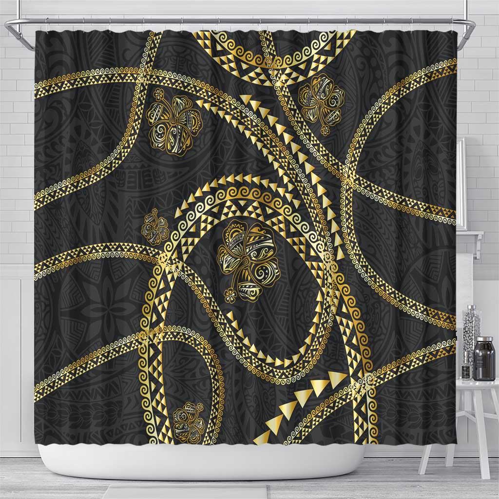 Hawaiian Kakau Art and Hibiscus Tattoo Shower Curtain Tribal Pattern-Gold Style LT03 - Polynesian Pride