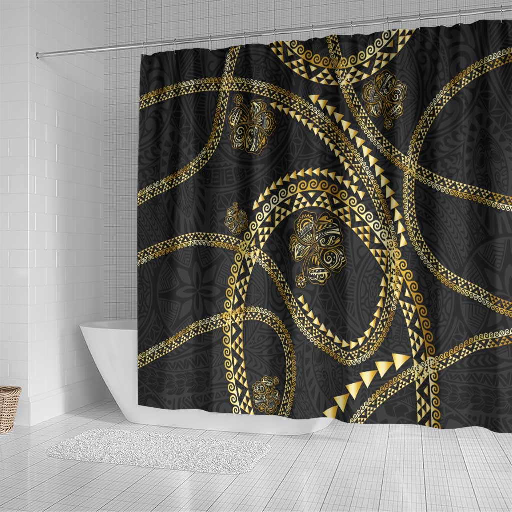 Hawaiian Kakau Art and Hibiscus Tattoo Shower Curtain Tribal Pattern-Gold Style LT03 - Polynesian Pride