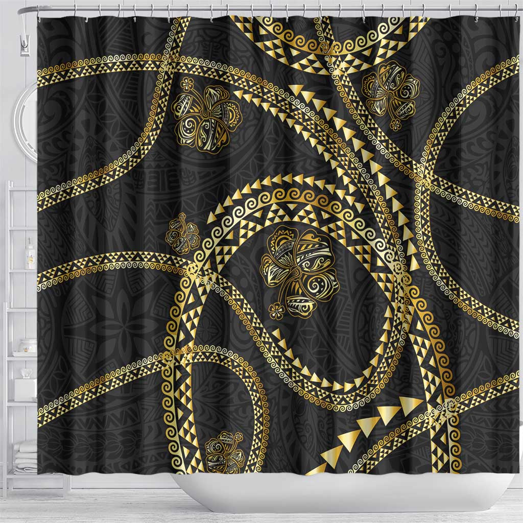 Hawaiian Kakau Art and Hibiscus Tattoo Shower Curtain Tribal Pattern-Gold Style LT03 - Polynesian Pride