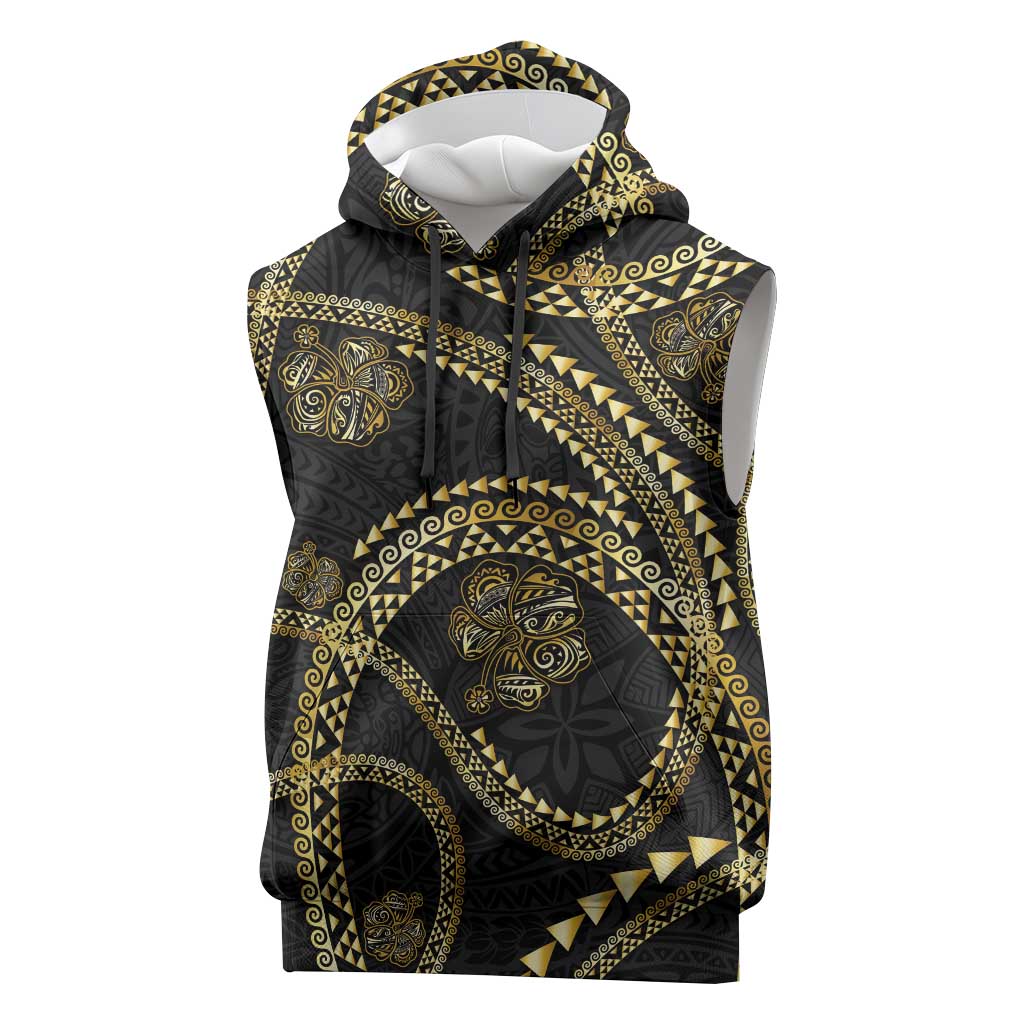 Hawaiian Kakau Art and Hibiscus Tattoo Sleeveless Hoodie Tribal Pattern-Gold Style LT03 Black - Polynesian Pride