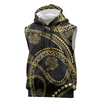 Hawaiian Kakau Art and Hibiscus Tattoo Sleeveless Hoodie Tribal Pattern-Gold Style LT03 Black - Polynesian Pride