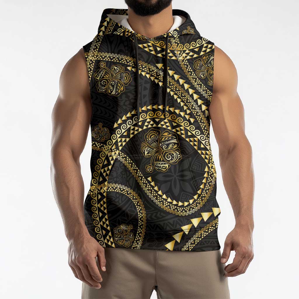 Hawaiian Kakau Art and Hibiscus Tattoo Sleeveless Hoodie Tribal Pattern-Gold Style LT03 - Polynesian Pride