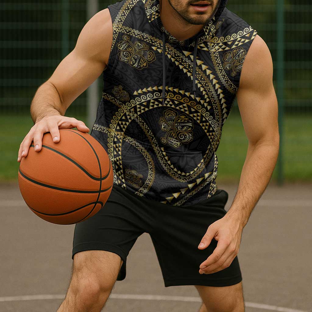 Hawaiian Kakau Art and Hibiscus Tattoo Sleeveless Hoodie Tribal Pattern-Gold Style LT03 - Polynesian Pride