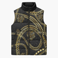 Hawaiian Kakau Art and Hisbiscus Tattoo Sleeveless Puffer Jacket Tribal Pattern-Gold Style LT03 Unisex Black - Polynesian Pride