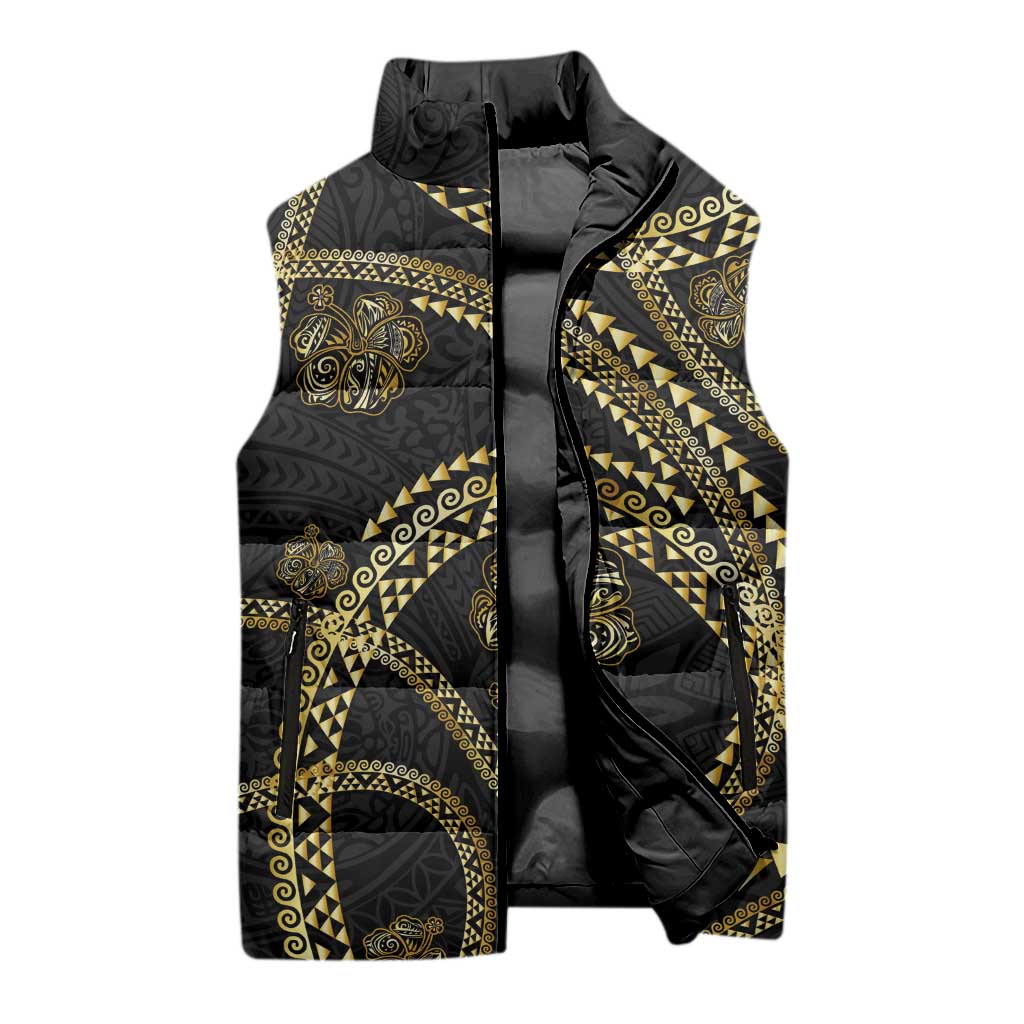 Hawaiian Kakau Art and Hisbiscus Tattoo Sleeveless Puffer Jacket Tribal Pattern-Gold Style LT03 - Polynesian Pride