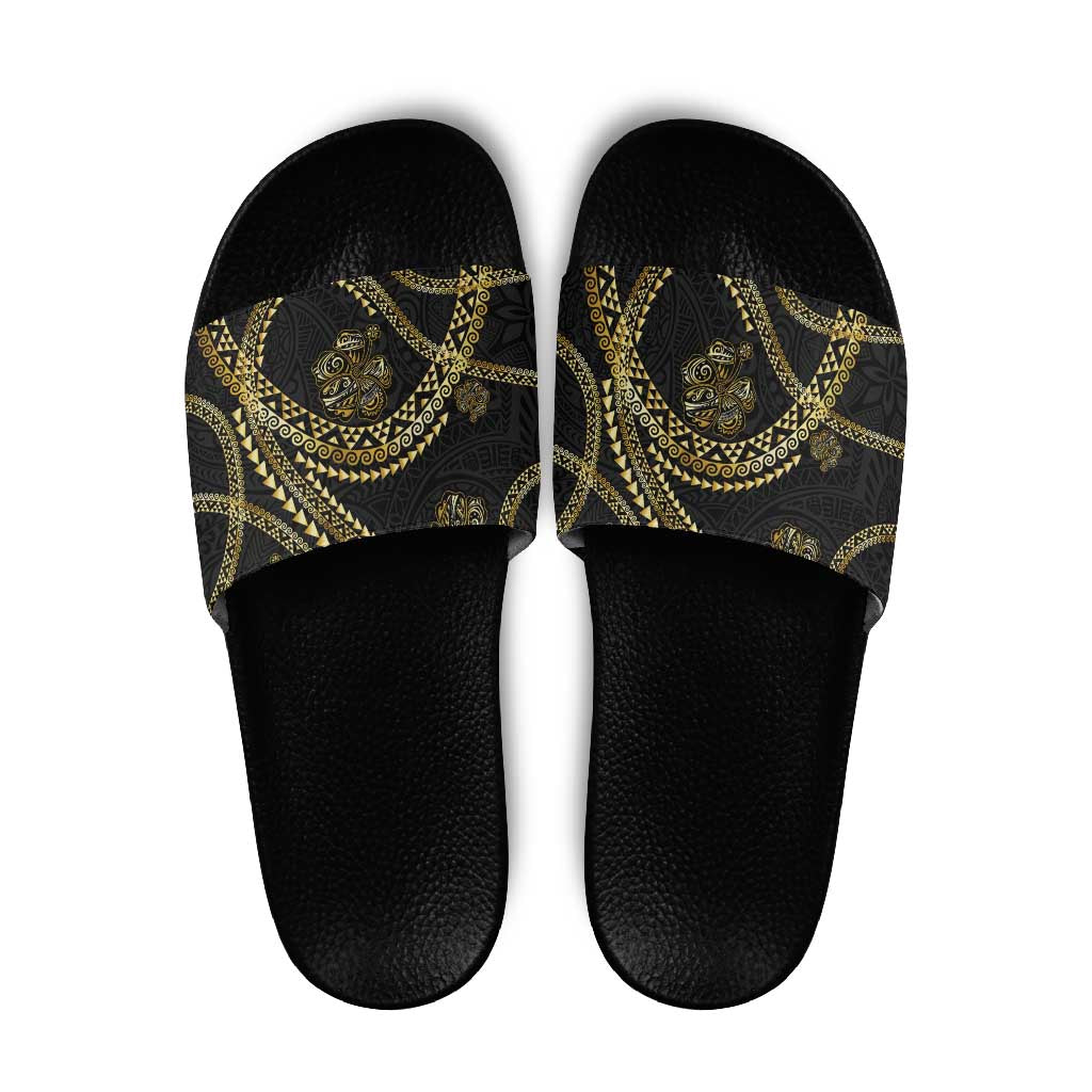 Hawaiian Kakau Art and Hisbiscus Tattoo Slide Sandals Tribal Pattern-Gold Style LT03 Black - Polynesian Pride