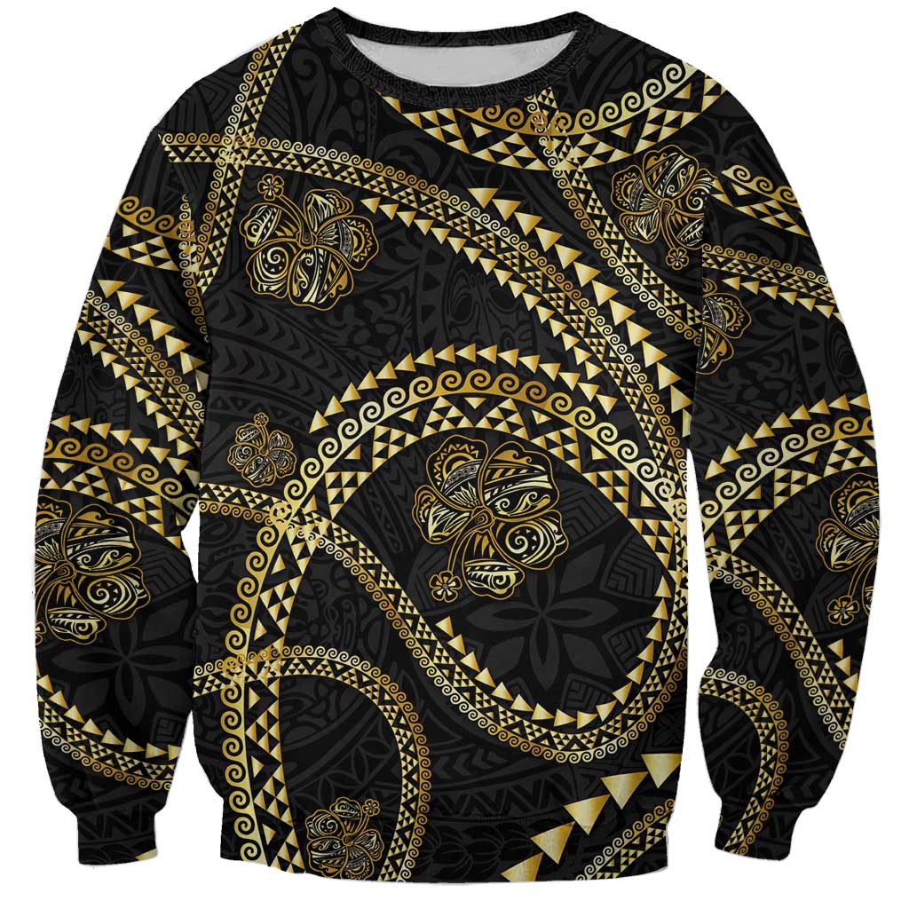 Hawaiian Kakau Art and Hisbiscus Tattoo Sweatshirt Tribal Pattern-Gold Style LT03 Unisex Black - Polynesian Pride