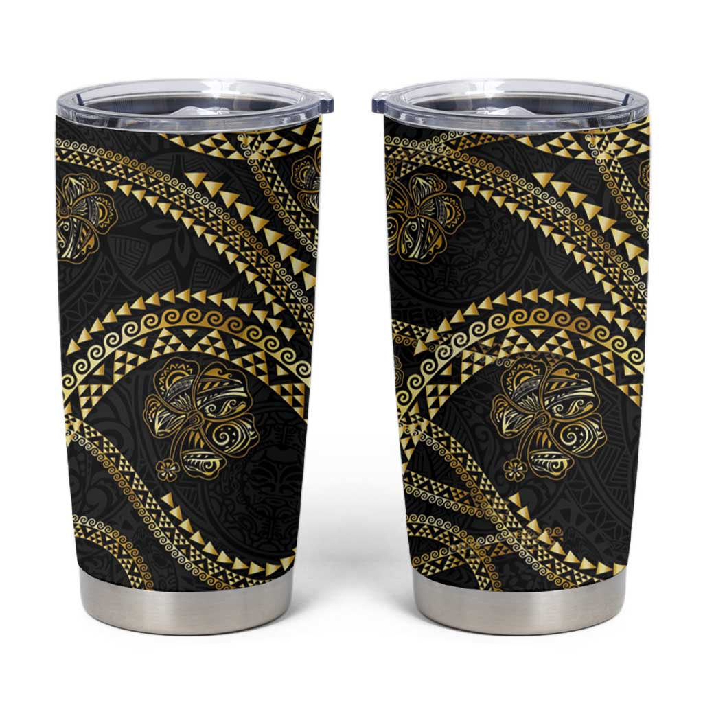 Hawaiian Kakau Art and Hisbiscus Tattoo Tumbler Cup Tribal Pattern-Gold Style LT03 Black - Polynesian Pride