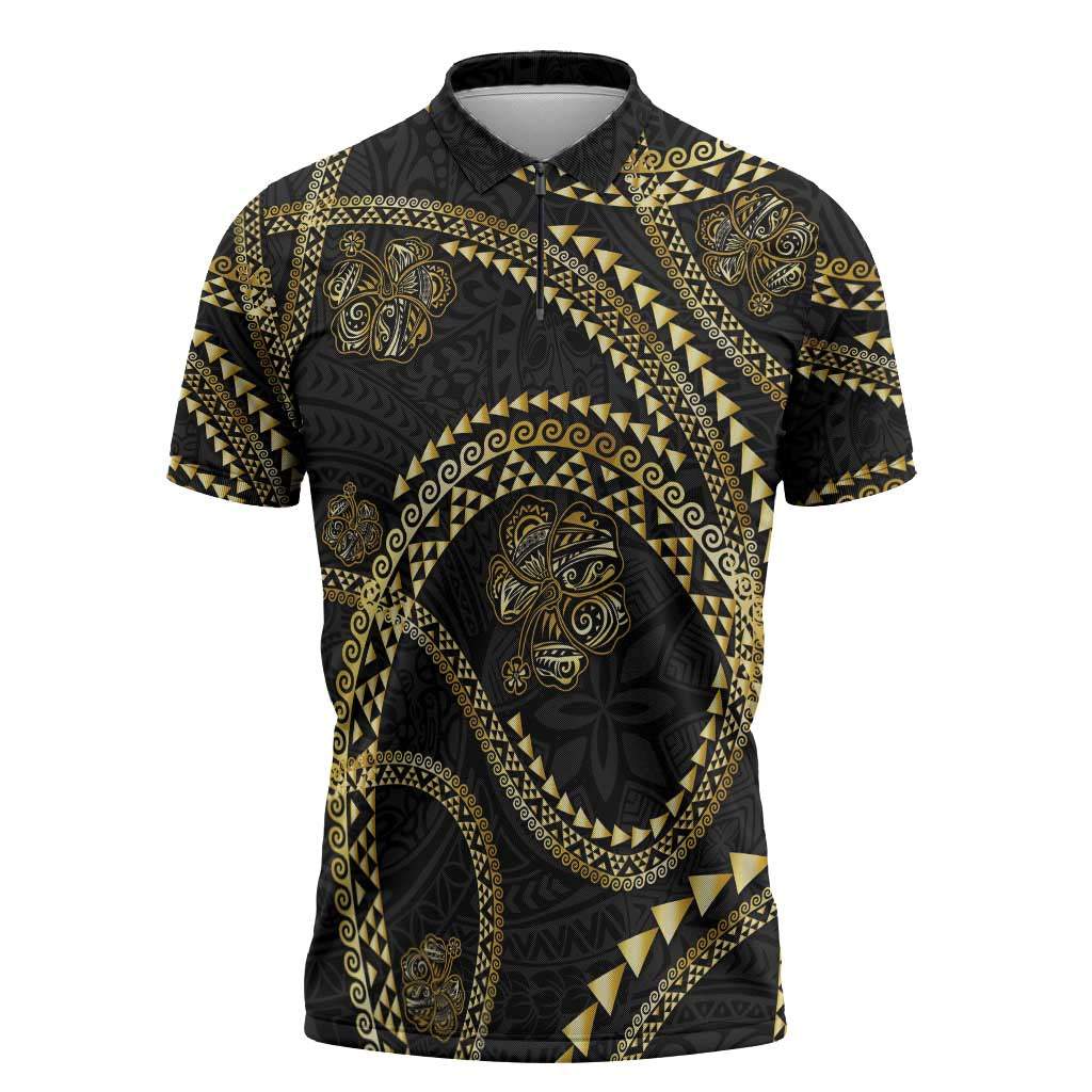 Hawaiian Kakau Art and Hibiscus Tattoo Zipper Polo Shirt Tribal Pattern-Gold Style LT03 Black - Polynesian Pride