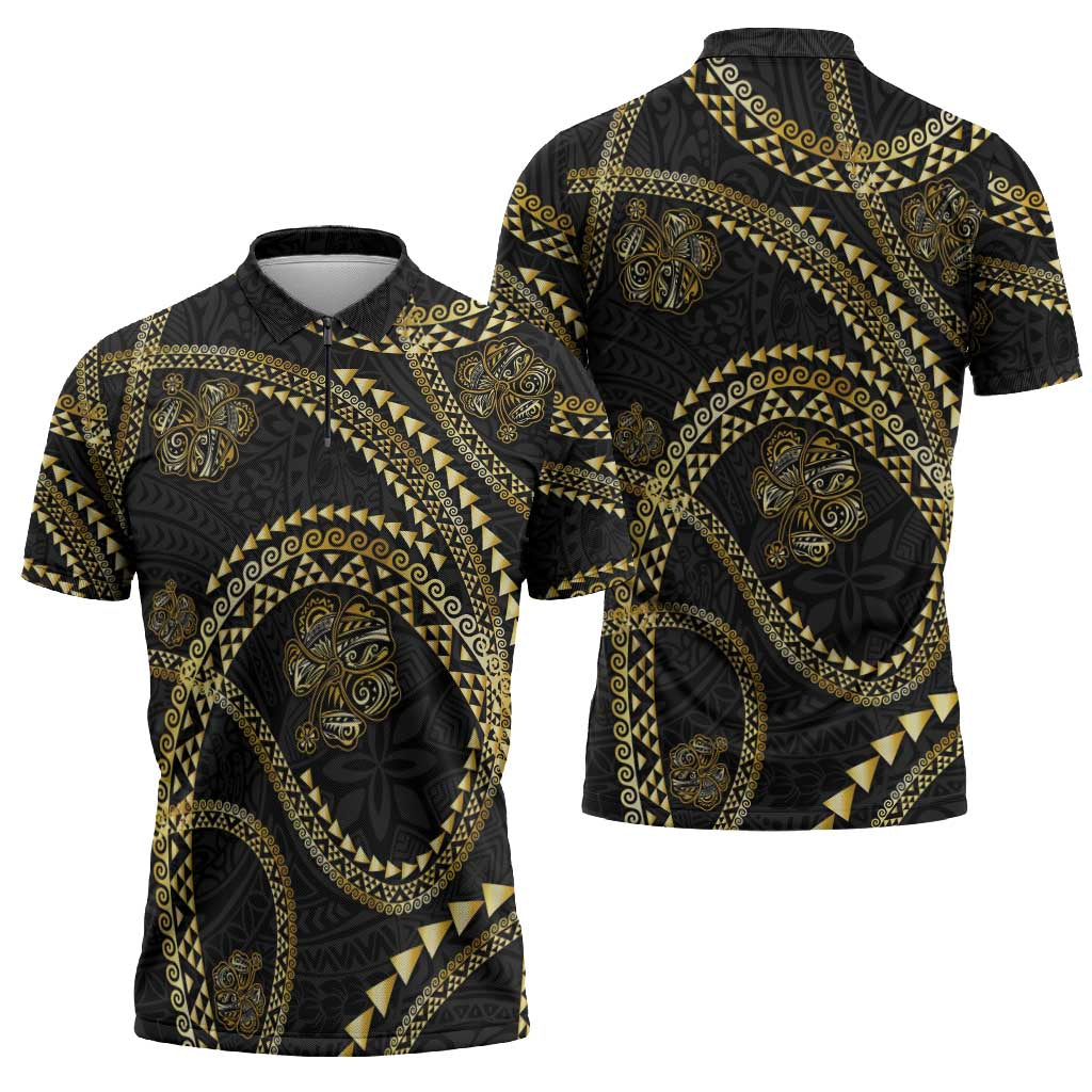 Hawaiian Kakau Art and Hibiscus Tattoo Zipper Polo Shirt Tribal Pattern-Gold Style LT03 - Polynesian Pride